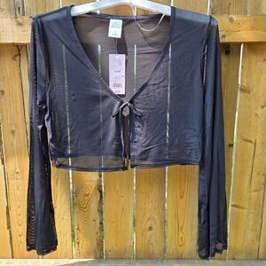 Wild Fable S (4-6) Black Mesh‎ Tie Front Cropped Long Sleeve Swim Cover Up Top